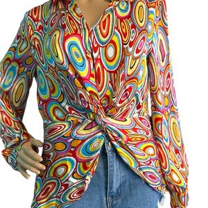 SHEIN Orange Red Wrap Blouse Long Sleeve Graphic